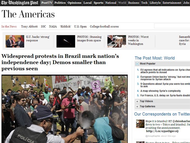 O 'Washington Post' também publicou reportagem sobre manifestações no Brasil neste 7 de setembro (Foto: Reprodução/Washington Post)
