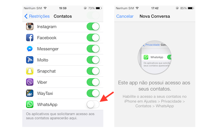 Impedindo que o WhatsApp acesse os contatos do iPhone (Foto: Reprodução/Marvin Costa)