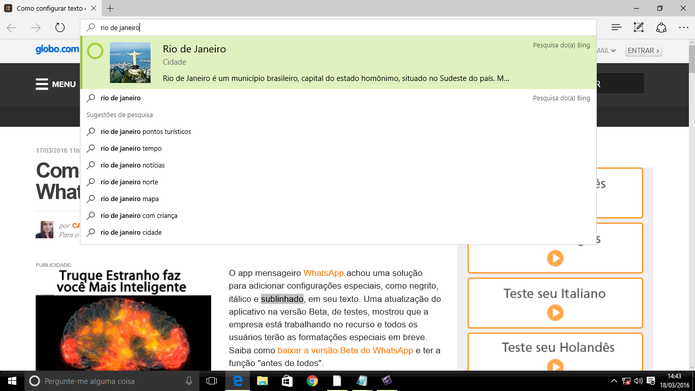 Cortana ganhou integração com o Microsoft Edge também no Brasil (Foto: Reprodução/Elson de Souza)