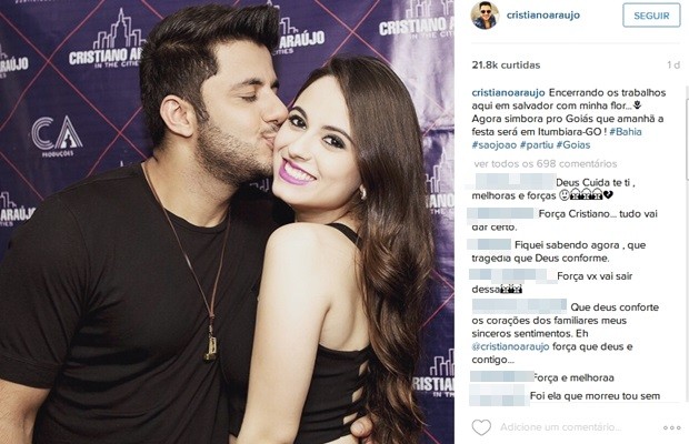 Cristiano Araújo postou foto com a namorada antes se seguir para Itumbiara, Goiás (Foto: Reprodução/Instagram)