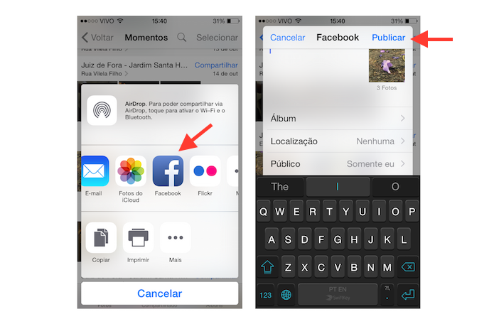 Compartilhando fotos da visualização momentos do iOS com o Facebook (Foto: Reprodução/Marvin Costa)