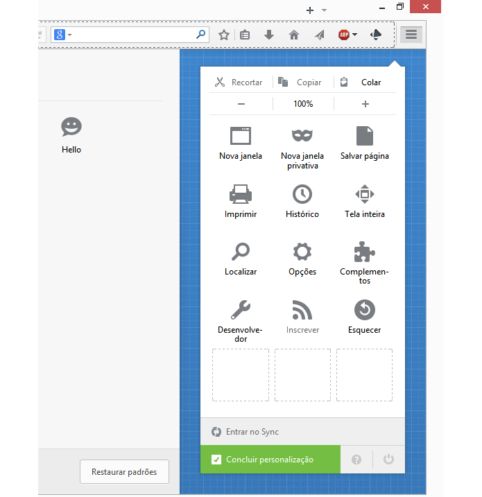 Botão do Hello deve ser encontrado no menu de customização do navegador (foto: Reprodução/Firefox)