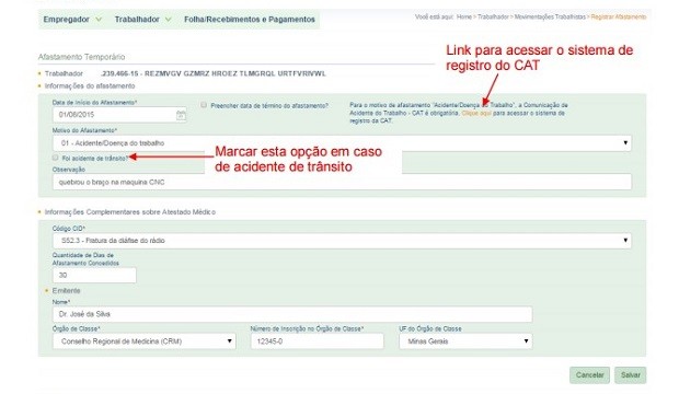 Página para comunicar acidentes de trabalho (Foto: Reprodução)