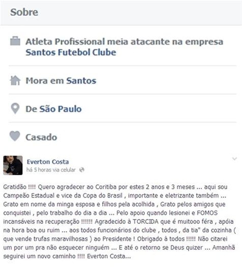 Everton Costa, jogador do Coritiba (Foto: Reprodução / Facebook)