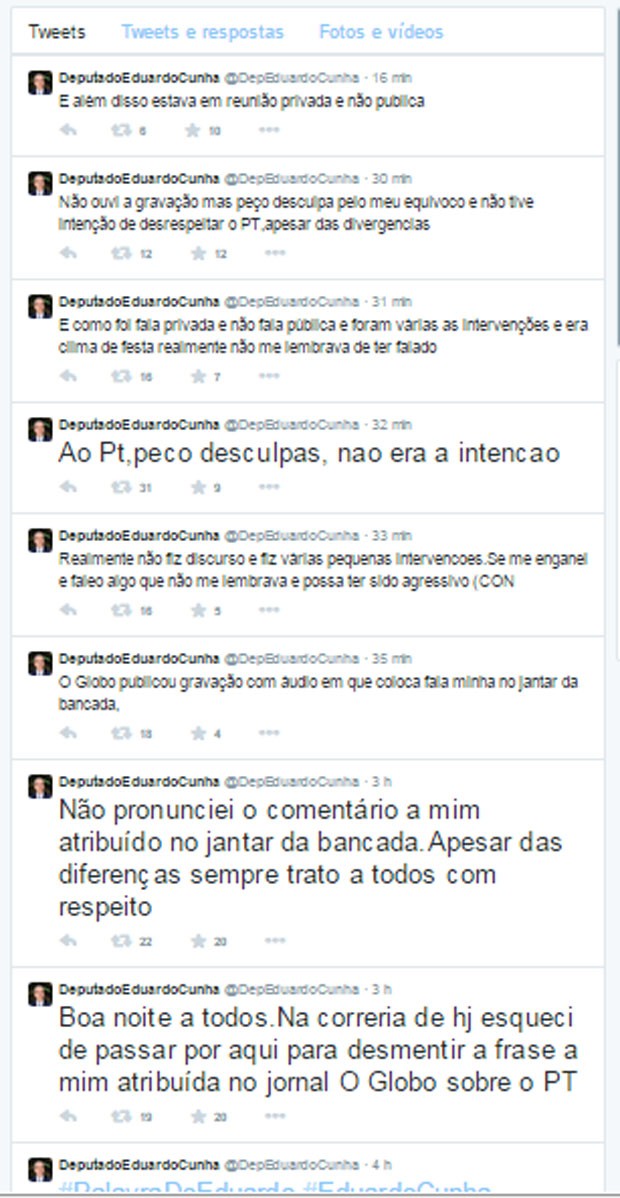 Postagens do deputado Eduardo Cunha (PMDB-RJ) no Twitter, sobre o jantar com deputados em que ironizou o PT (Foto: Reprodução/Twitter)