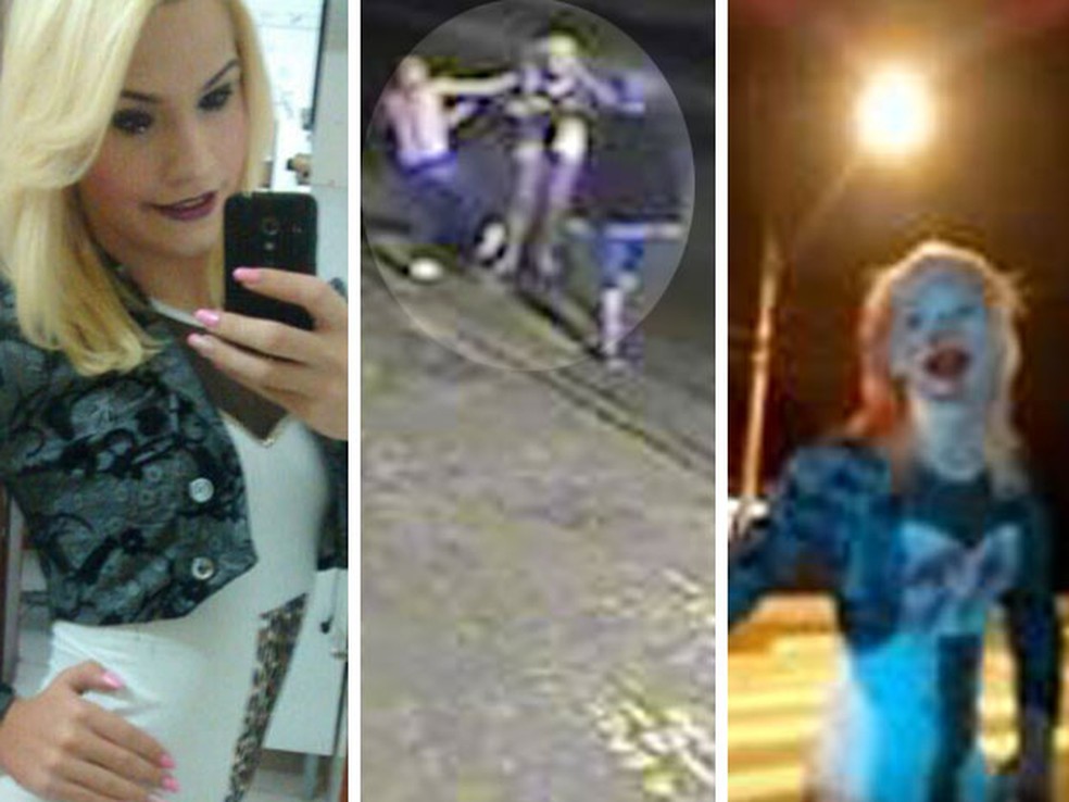 Fotos mostram Laura Vermont antes da agressão, o momento que ela é agredida por cinco rapazes e como seu rosto ficou após apanhar; travesti morreu por causa de traumatismo craniano (Foto: Fotomontagem/Reprodução/Divulgação/Arquivo Pessoal/Facebook/WhatsApp)