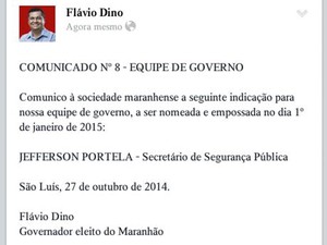 Flávio Dino anunciou nome para a Secretaria de Segurança Pública (Foto: Reprodução) Flávio Dino anunciou nome para a Secretaria de Segurança Pública (Foto: Reprodução)