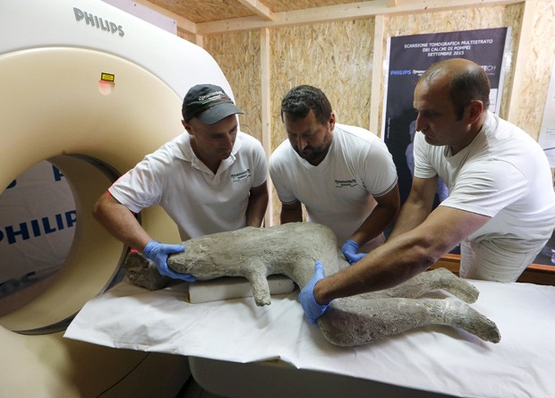 Pesquisadores preparam molde de gesso de garoto de Pompeia para ser submetido a tomografia computadorizada  (Foto: Reuters/Ciro De Luca)