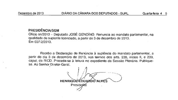 Diário Oficial da Câmara dos Deputados publica renuncia do deputado José Genoino (Foto: Reprodução)
