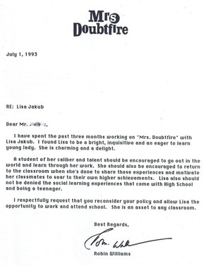 Carta que Robin Williams escreveu para a escola de Lisa Jacub (Foto: Reprodução)