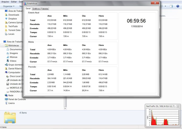 Apertando na opção “Estatísticas” você poderá visualizar um quadro que mostra o volume de dados transferidos por sua rede (Foto: Reprodução/Daniel Ribeiro)