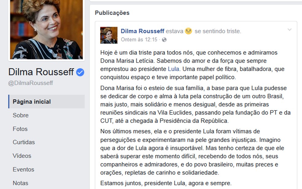 A ex-presidente Dilma Rousseff postou na quinta-feira sobre dona Marisa Letícia (Foto: Reprodução/Facebook/Dilma Rousseff)
