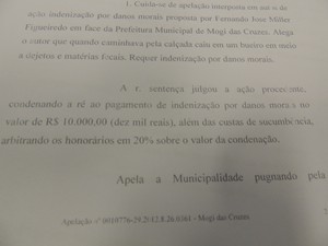Prefeitura de Mogi das Cruzes é condenada a pagar R$ 10 mil por queda em bueiro (Foto: Fernanda Lourenço/G1)
