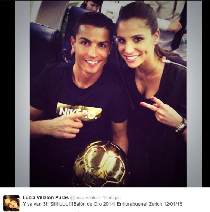 Lucia Vilalon comemora Bola de Ouro de Cristiano Ronaldo com o craque (Foto: Reprodução de Twitter)