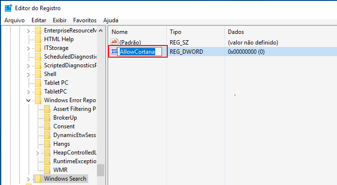 Nomeando o valor AllowCortana (Foto: Reprodução/Edivaldo Brito)
