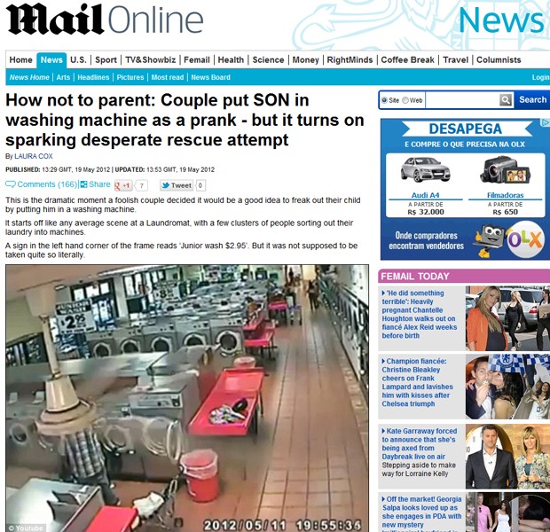 Brincadeira séria: pais colocam filho em uma máquina de lavar roupa, mas não conseguem tirá-lo de lá (Foto: Reprodução/Daily Mail)