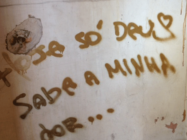 Paredes pichadas por Renato em banheiro do trabalho da mãe (Foto: Lívia Machado/G1)