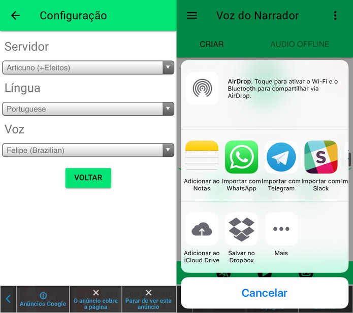 Voz do Narrador permite gravar áudio com base em texto (Foto: Reprodução/Felipe Vinha)