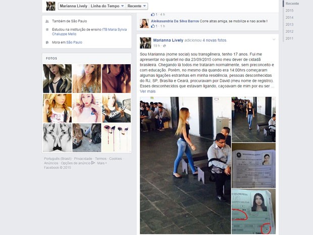 Página de Marianna Lively no Facebook com desabafo feito pela adolescente sobre o caso (Foto: Reprodução/Arquivo pessoal)