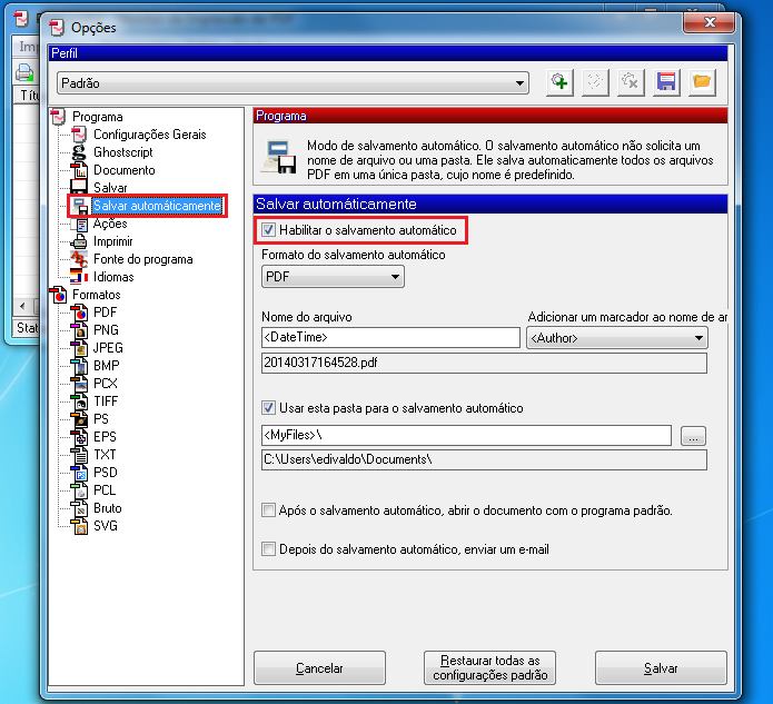 Ajustando o PDF Creator para salvar automaticamente (Foto: Reprodução/Edivaldo Brito)