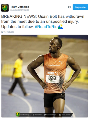 Team Jamaica informa lesão de Bolt e sua saída da qualificatória jamaicana (Foto: Reprodução/Twitter)