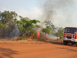 Incêndio está sendo controlado por oito homens da Defesa Civil (Foto: Rachel Lemos/TV Anhanguera)