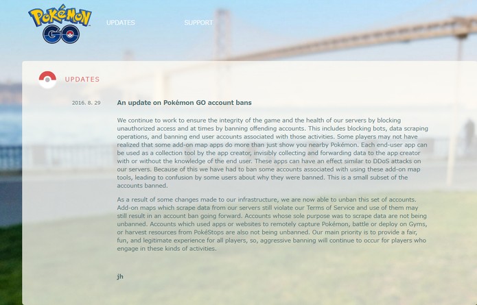 Comunicado da Niantic no blog da empresa (Foto: Reprodução/Pokémon Go Live) Comunicado da Niantic no blog da empresa (Foto: Reprodução/Pokémon Go Live)