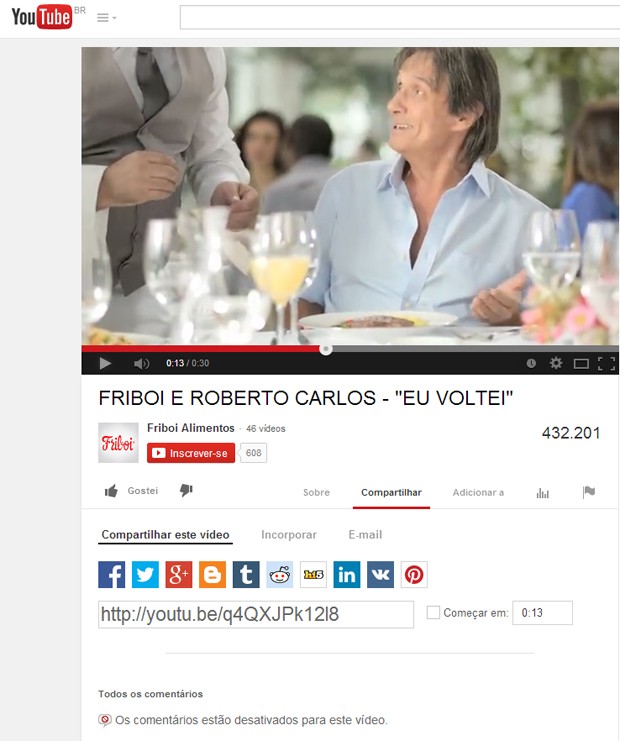Página da Friboi, no YouTube, onde o vídeo foi postado: fechada para comentários (Foto: Reprodução/YouTube)
