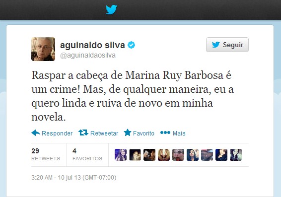 Aguinaldo Silva no Twitter (Foto: Reprodução/ Twitter)