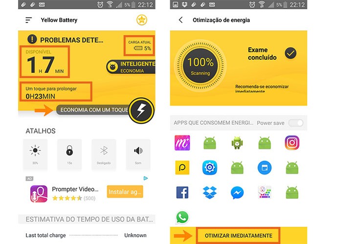 Inicie a otimização da bateria no celular com o app Yellow Battery (Foto: Reprodução/Barbara Mannara)