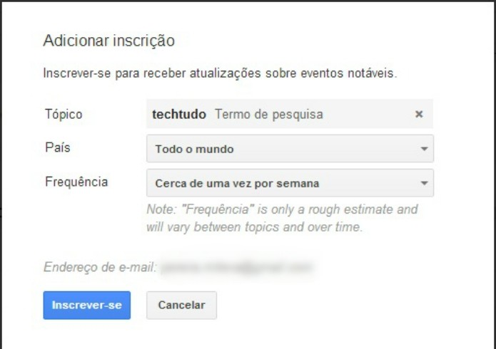 Nova sessão Inscrição o usuário pode selecionar a frequência para receber notificações. ( Foto: Reprodução/ Milena Pereira)