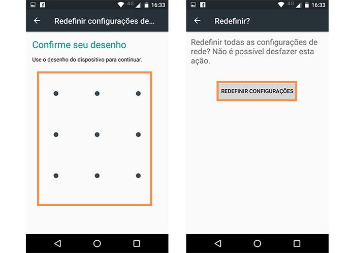 Adicione sua senha e confirme a redefinição de dados de rede no Moto G 3 (Foto: Reprodução/Barbara Mannara)