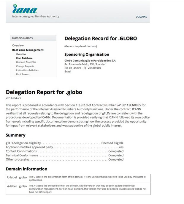 Documento confirma incorporação do domínio &#39;.GLOBO&#39; à internet (Foto: Divulgação/ICANN)