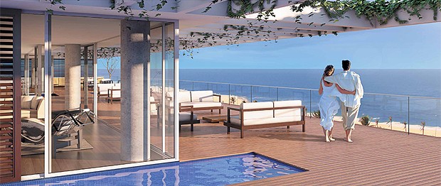 Perspectiva da sala e varanda da Penthouse 360°. O imóvel está à venda por 61 milhões de reais (Foto: Divulgação)