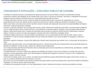 Em nota oficial, Prefeitura de Caxambu, MG, diz que responsabilidade de concurso é de empresa licitada (Foto: Reprodução/ Blog da Prefeitura de Caxambu) Em nota oficial, Prefeitura de Caxambu, MG, diz que responsabilidade de concurso é de empresa licitada (Foto: Reprodução/ Blog da Prefeitura de Caxambu)