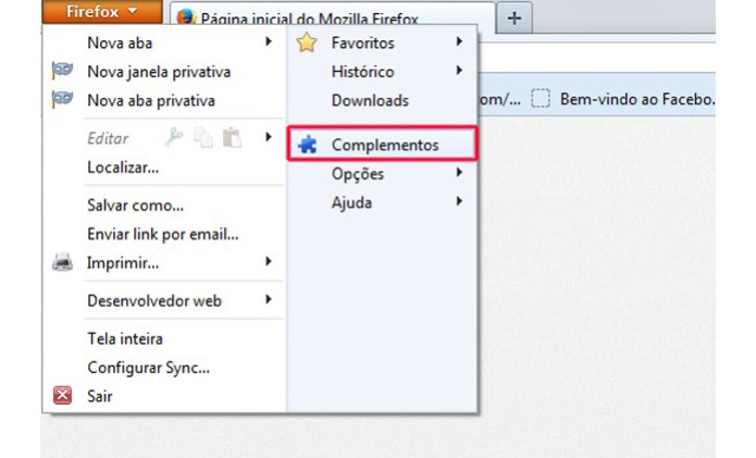 Acessando as opções de complementos do Firefox (Foto: Reprodução/Henrique Duarte) Acessando as opções de complementos do Firefox (Foto: Reprodução/Henrique Duarte)