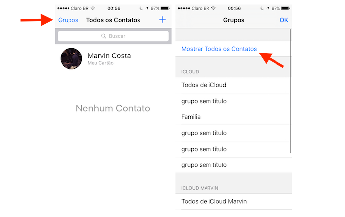 Mostrando contatos que foram ocultados do iPhone (Foto: Reprodução/Marvin Costa)