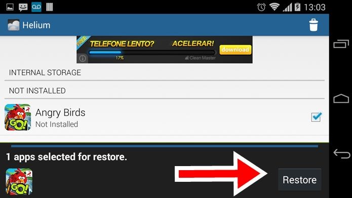 Toque em Restore para restaurar o jogos ou os seus saves no seu smartphone/tablet (Foto: Reprodução / Dario Coutinho)