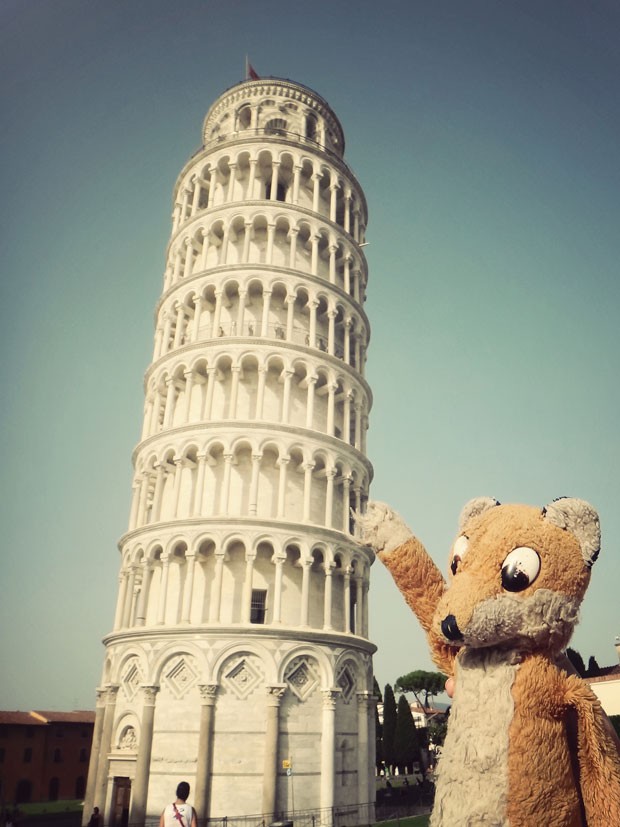 Mr. Foz, a raposa de pelúcia, em frente à Torre de Pisa, na Itália (Foto: Jessica Johnson )