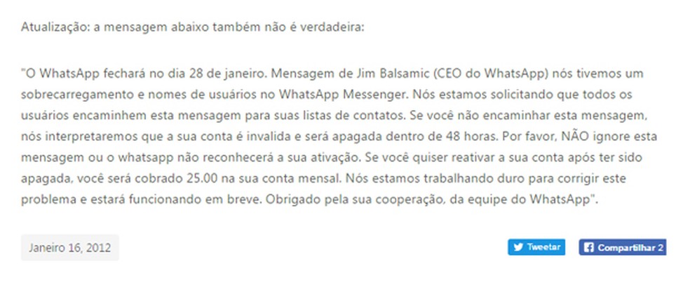 Mensagem falsa foi desmentida em 2012 pelo WhatsApp (Foto: Reprodução/ WhatsApp)