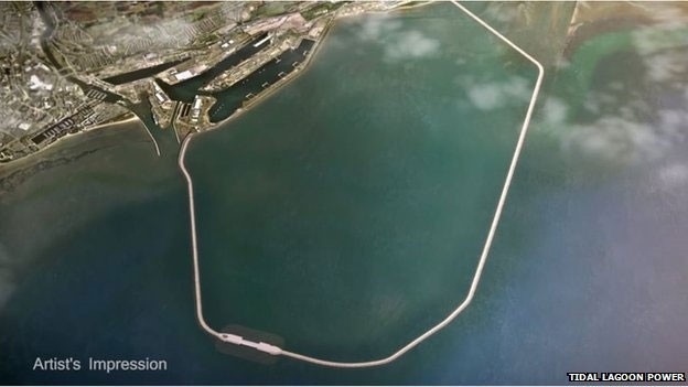 Lagoas operam um sistema parecido com comportas para alterar o nível da água dos dois lados do muro construído no mar (Foto: Tidal Lagoon Power/BBC)