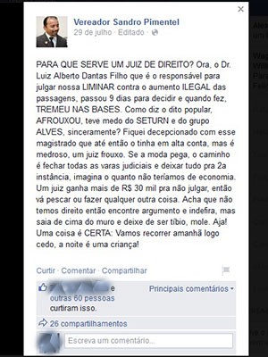 Vereador de Natal criticou postura do magistrado nas redes sociais (Foto: Reprodução/Facebook)