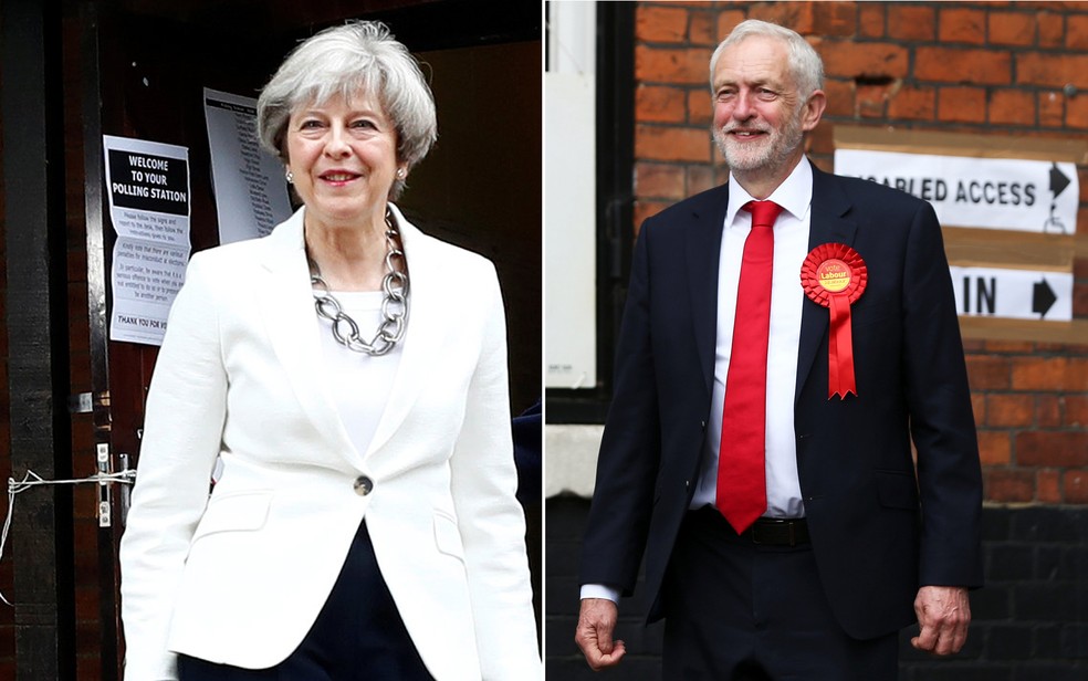 May e Corbyn, após votação no Reino Unido (Foto: Eddie Keogh e Neil Hall / Reuters)