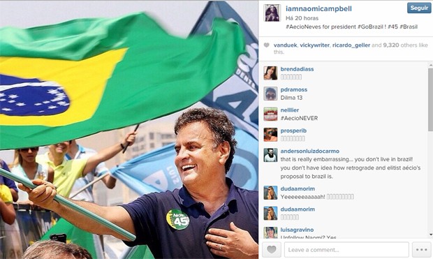 Naomi Campbell declara apoio a Aécio Neves (Foto: Reprodução Instagram)