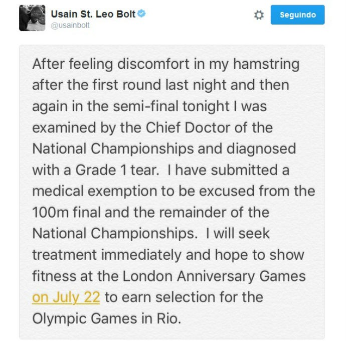 Usai Bolt post Twitter lesão na seletiva (Foto: Reprodução Twitter)