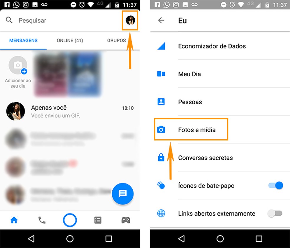 Acesse o menu de fotos e mídias do Facebook Messenger (Foto: Reprodução/Barbara Mannara)