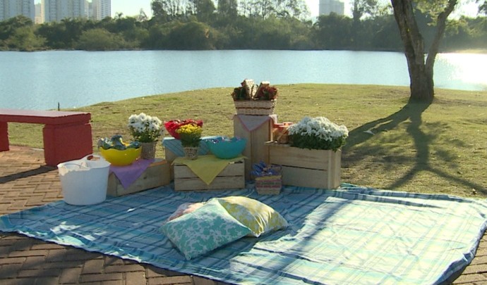 Almofadas, caixas de feira e cestos com flores foram usados na decoração  (Foto: Reprodução / TV Diário )