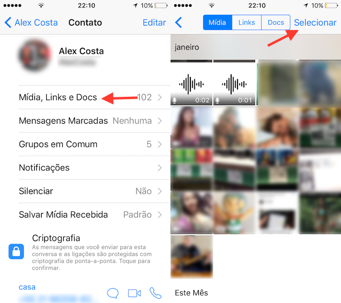 Caminho para selecionar arquivos de mídia no WhatsApp para iPhone (Foto: Reprodução/Marvin Costa)