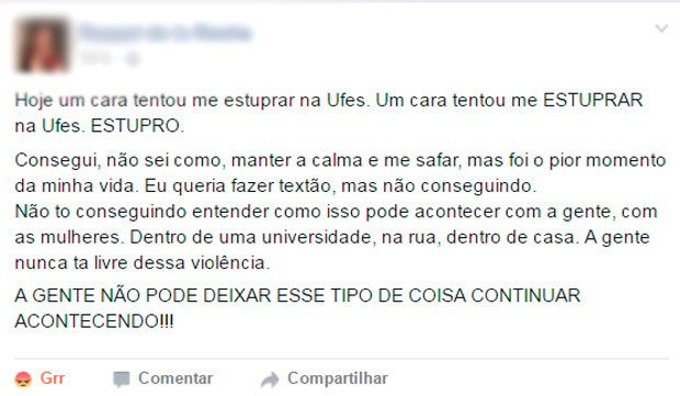 Caso de tentativa de estupro na Ufes relatada por vÃ­tima (Foto: ReproduÃ§Ã£o/ Facebook)