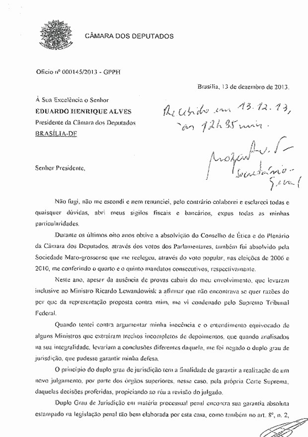 Carta de renúncia do deputado Pedro Henry encaminhada à presidência da Câmara (Foto: Reprodução)